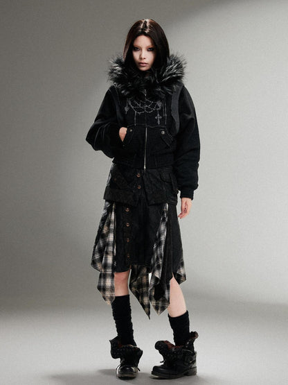 ARIADNAw Ariadna Punk Embroidered Fur Collar Bomber Jacket