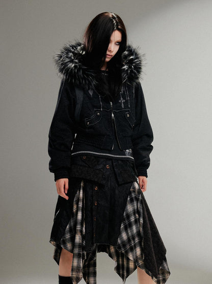 ARIADNAw Ariadna Punk Embroidered Fur Collar Bomber Jacket