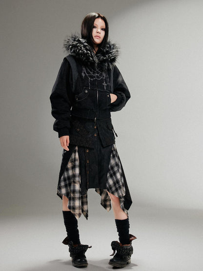 ARIADNAw Ariadna Punk Embroidered Fur Collar Bomber Jacket