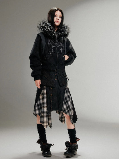 Ariadna Punk Embroidered Fur Collar Bomber Jacket