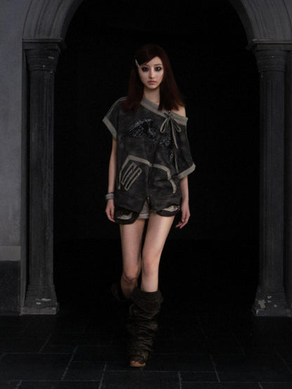 ARIADNAw Ariadna Punk Print Loose Knit Denim Tee