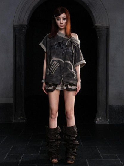ARIADNAw Ariadna Punk Print Loose Knit Denim Tee
