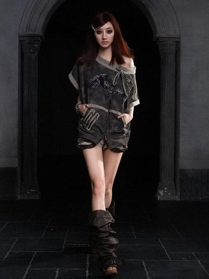 ARIADNAw Ariadna Punk Print Loose Knit Denim Tee