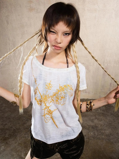Ariadna S Vintage Punk Print Bronze Sleeveless Tee