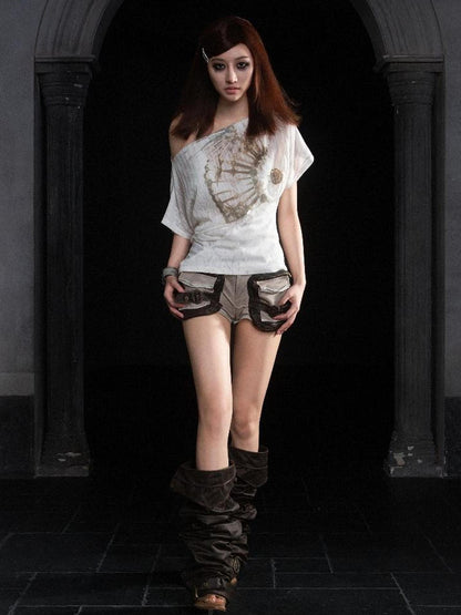 ARIADNAw Ariadnaw Punk Patchwork Knit Low Rise Pocket Shorts Streetwear