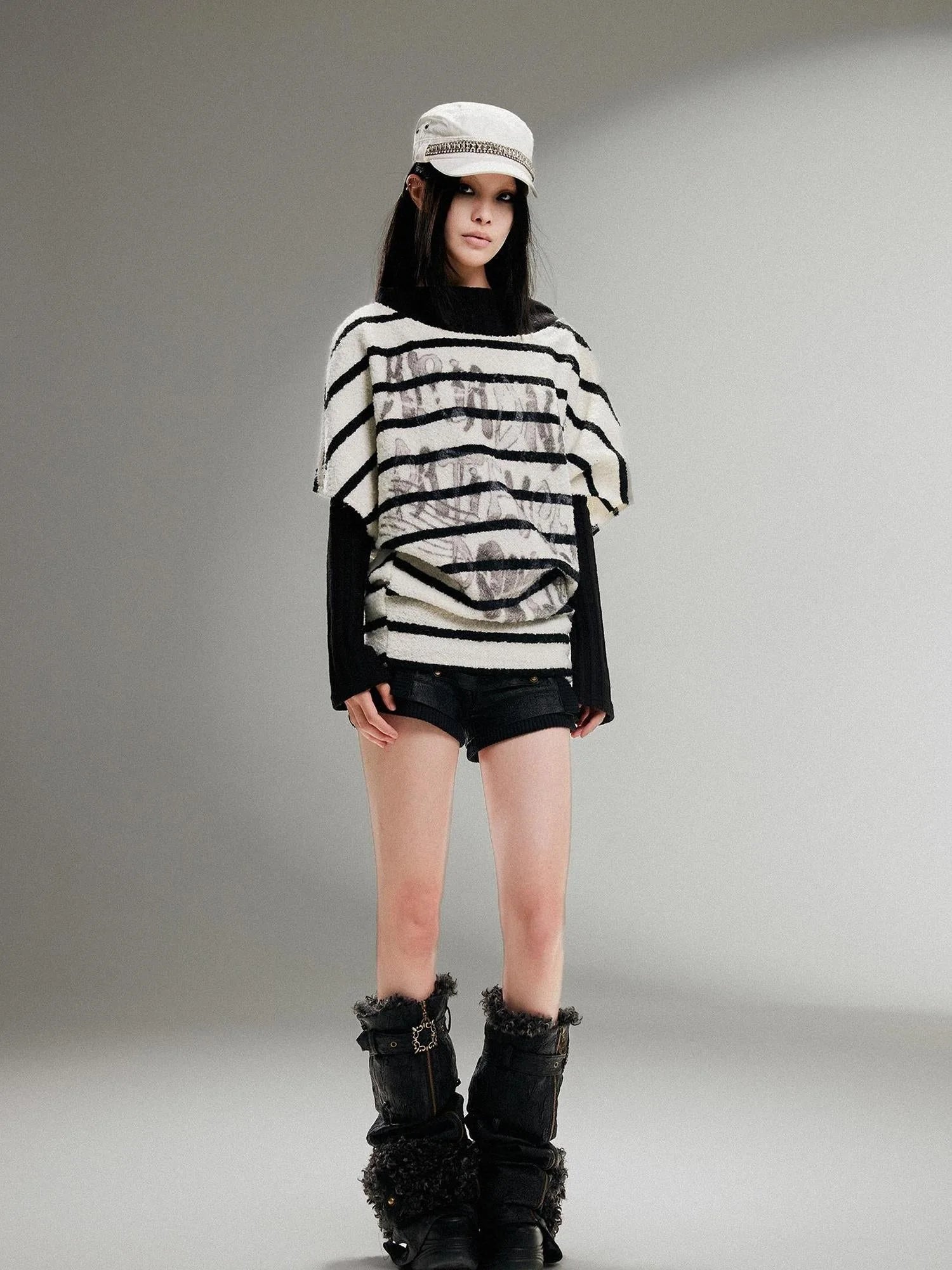 Ariadnaw Punk Rock Low Rise Leather Shorts With Wool Leg Warmers