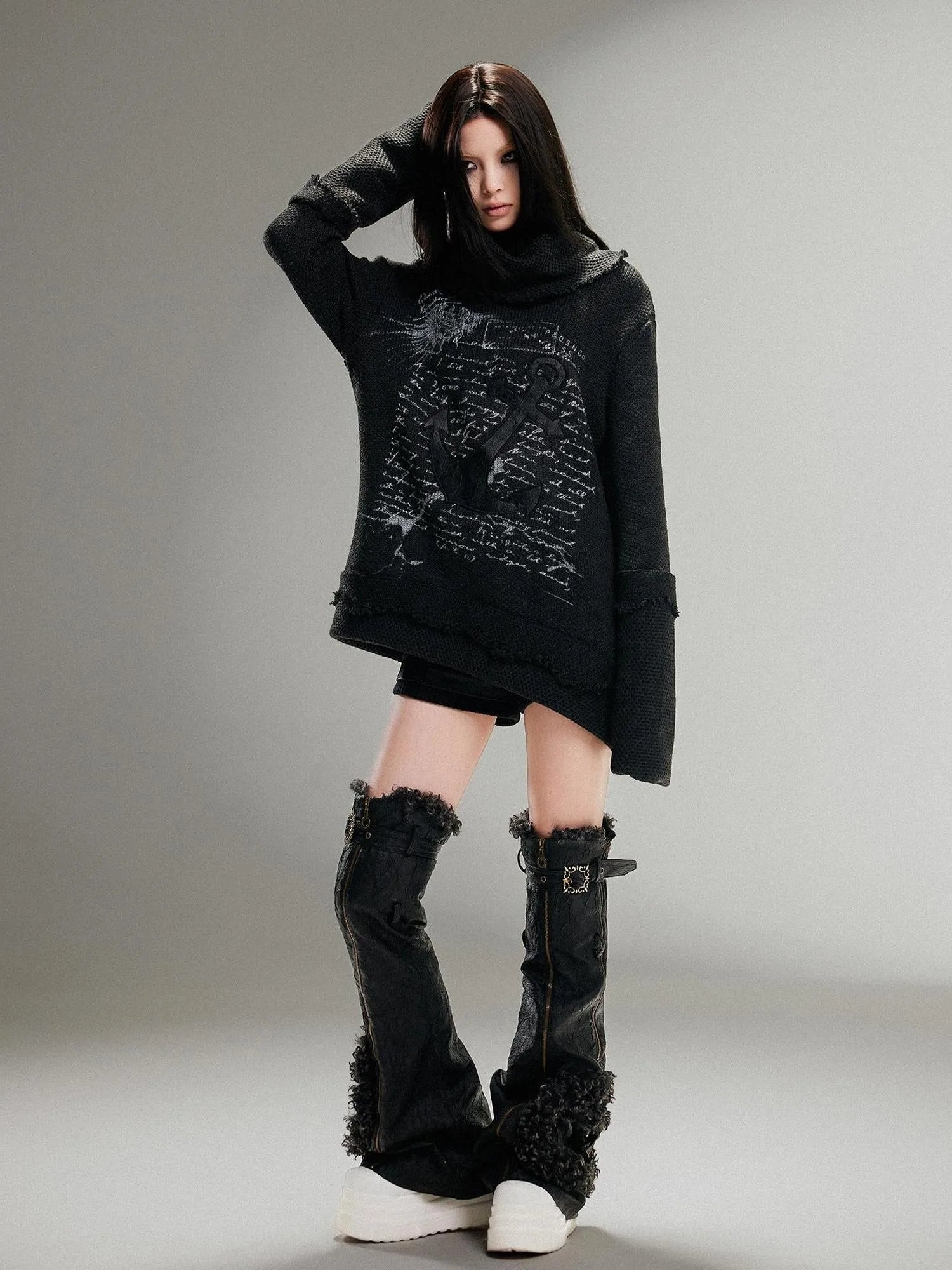 Ariadnaw Punk Rock Low Rise Leather Shorts With Wool Leg Warmers