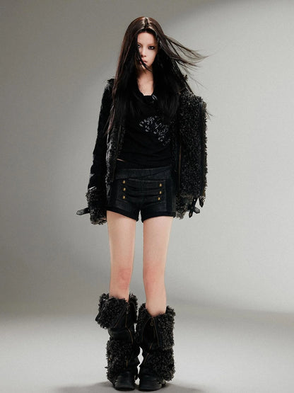 Ariadnaw Punk Rock Low Rise Leather Shorts With Wool Leg Warmers