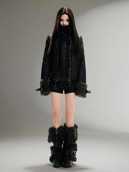 Ariadnaw Punk Rock Low Rise Leather Shorts With Wool Leg Warmers