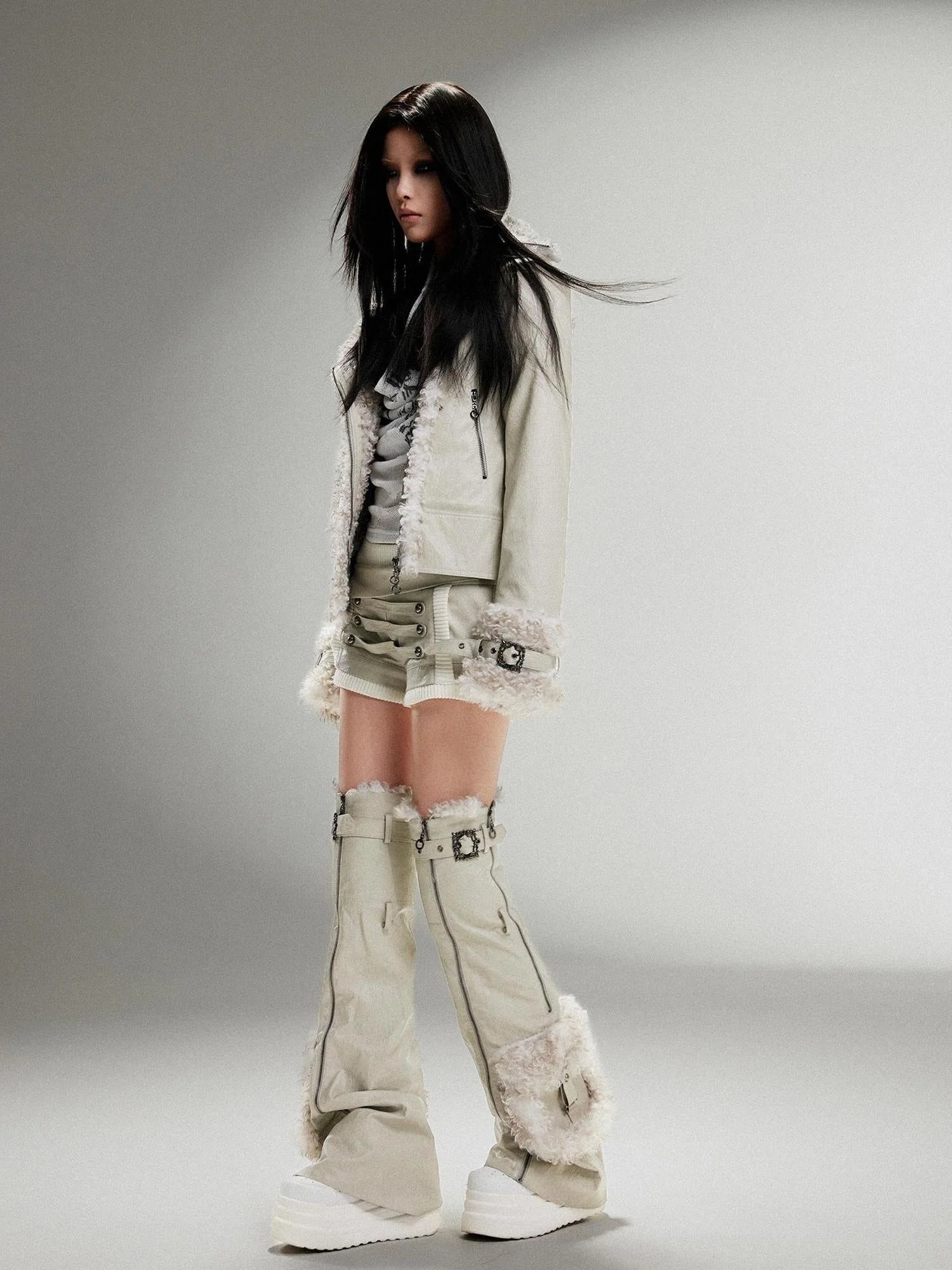 Ariadnaw Punk Rock Low Rise Leather Shorts With Wool Leg Warmers