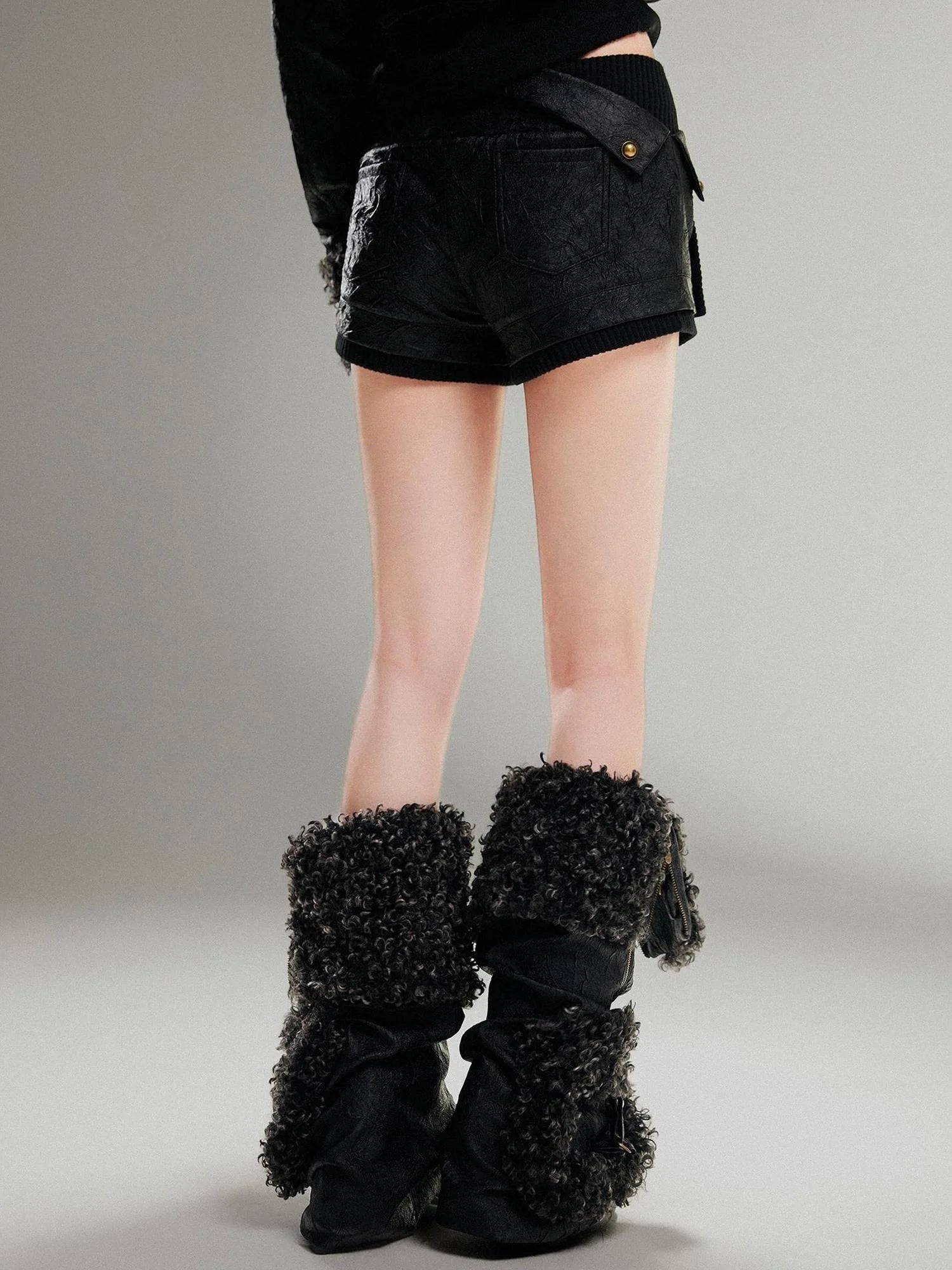 Ariadnaw Punk Rock Low Rise Leather Shorts With Wool Leg Warmers