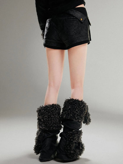 Ariadnaw Punk Rock Low Rise Leather Shorts With Wool Leg Warmers