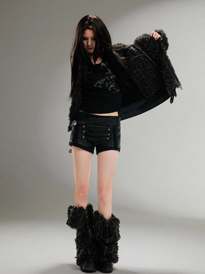 Ariadnaw Punk Rock Low Rise Leather Shorts With Wool Leg Warmers