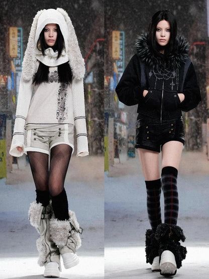 Ariadnaw Punk Rock Low Rise Leather Shorts With Wool Leg Warmers