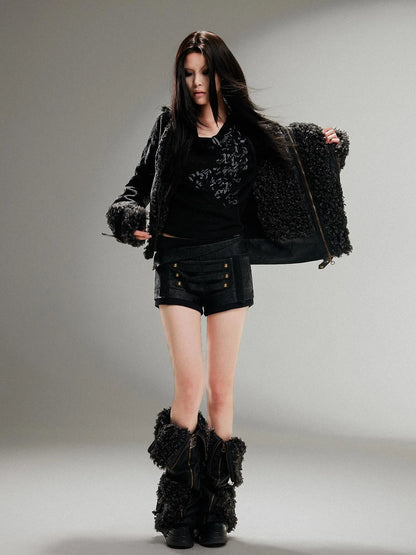 Ariadnaw Punk Rock Low Rise Leather Shorts With Wool Leg Warmers
