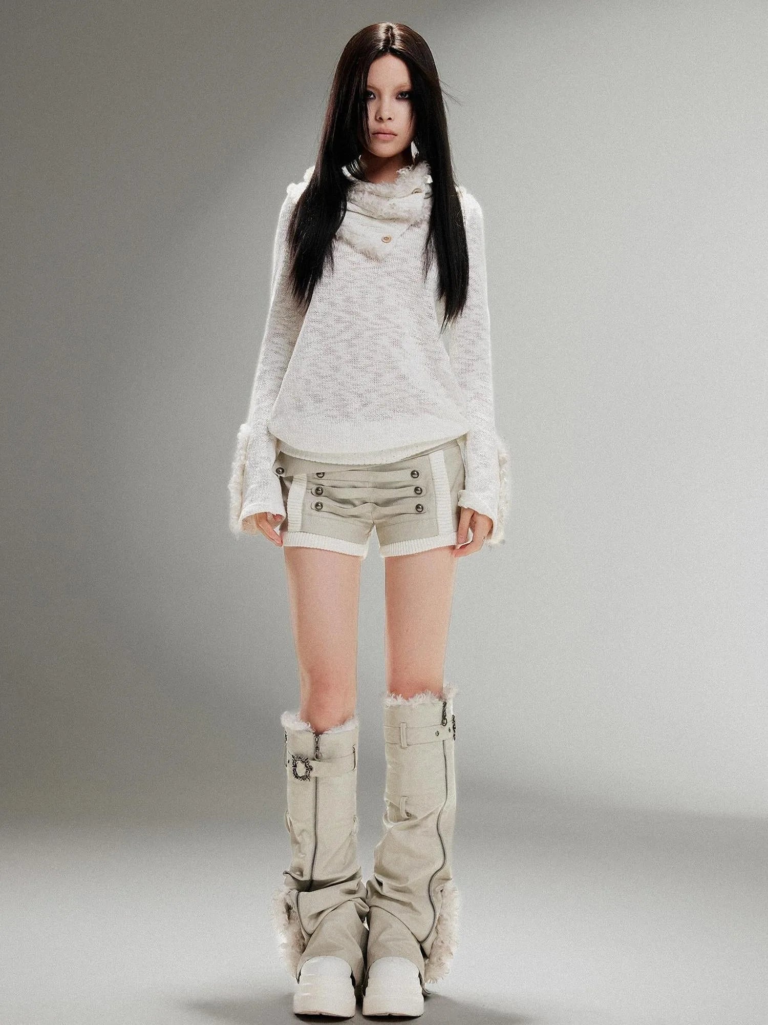 Ariadnaw Punk Rock Low Rise Leather Shorts With Wool Leg Warmers