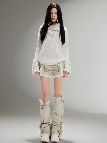 Ariadnaw Punk Rock Low Rise Leather Shorts With Wool Leg Warmers