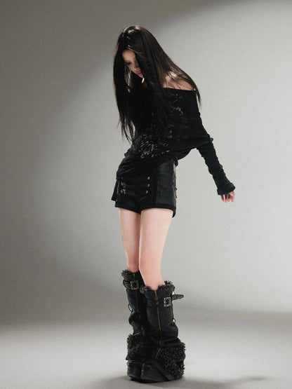 Ariadnaw Punk Rock Low Rise Leather Shorts With Wool Leg Warmers