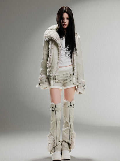 Ariadnaw Punk Rock Low Rise Leather Shorts With Wool Leg Warmers
