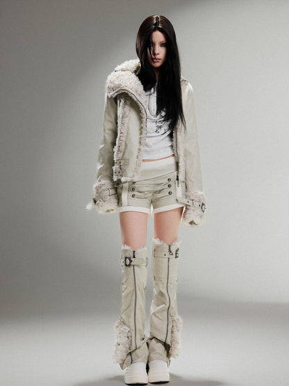 ARIADNAw Ariadnaw Punk Rock Low Rise Leather Shorts With Wool Leg Warmers