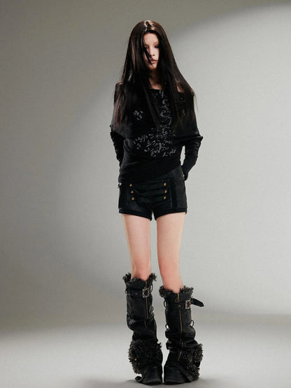 Ariadnaw Punk Rock Low Rise Leather Shorts With Wool Leg Warmers