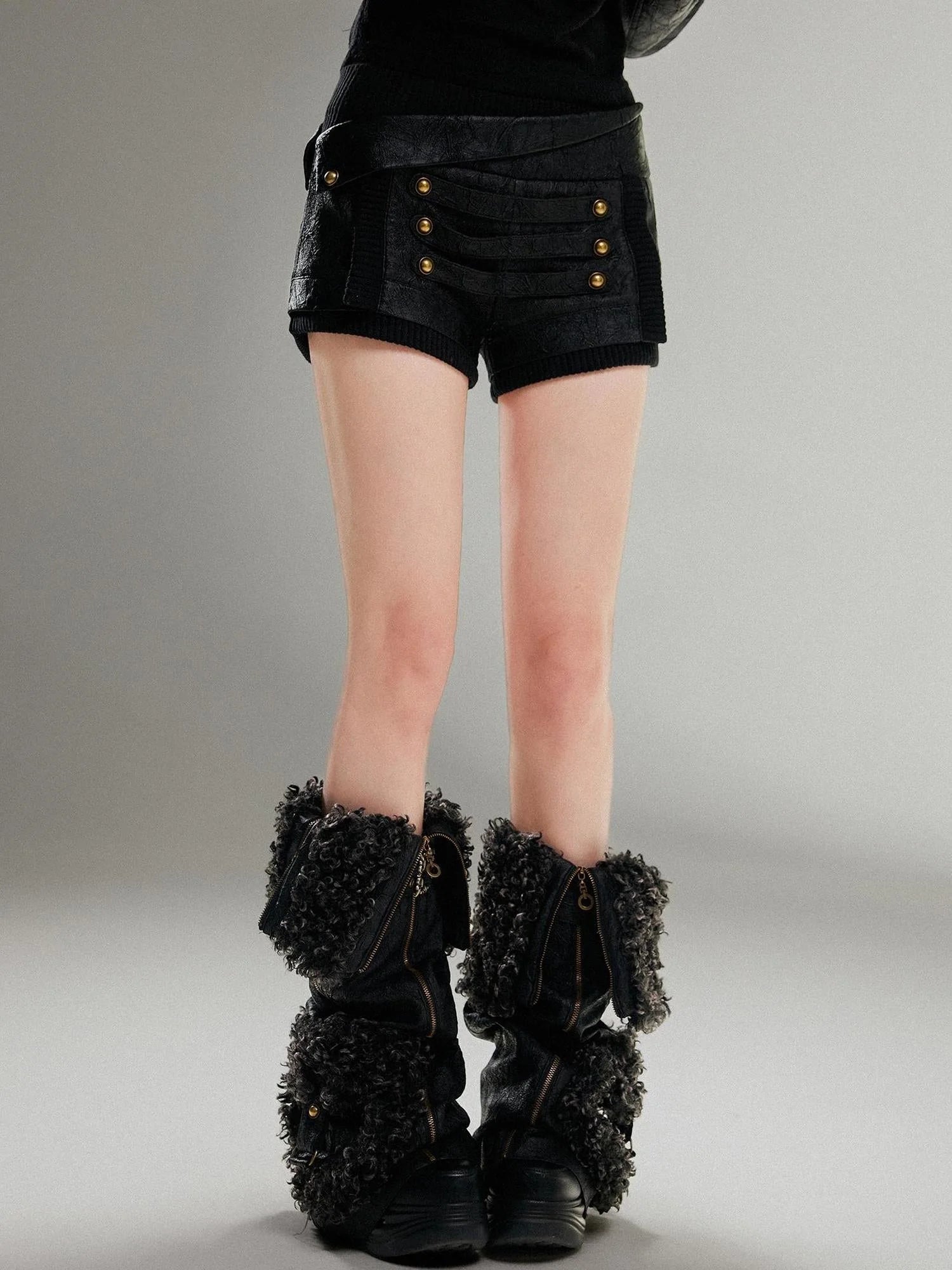 Ariadnaw Punk Rock Low Rise Leather Shorts With Wool Leg Warmers