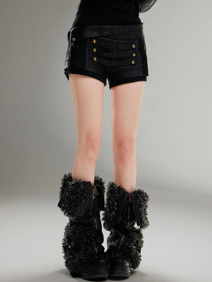 Ariadnaw Punk Rock Low Rise Leather Shorts With Wool Leg Warmers