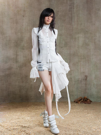 ARIADNAw Ariana Gothic Sheer Chiffon Top With Punk Lace Detailing