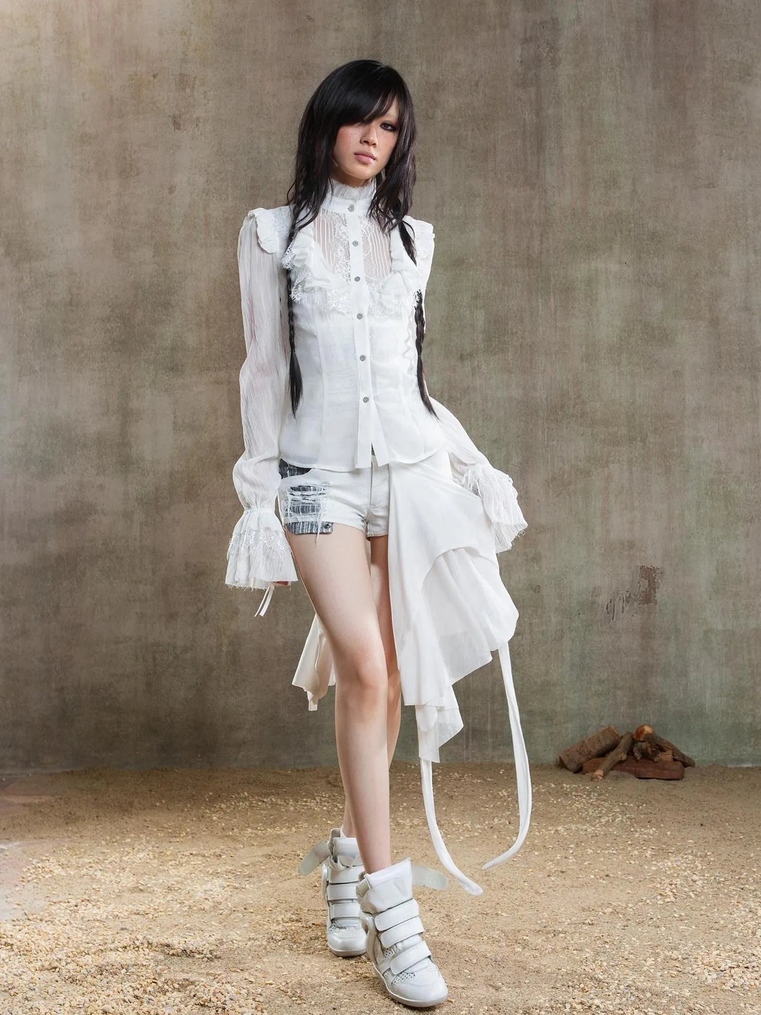 Ariana Gothic Sheer Chiffon Top With Punk Lace Detailing