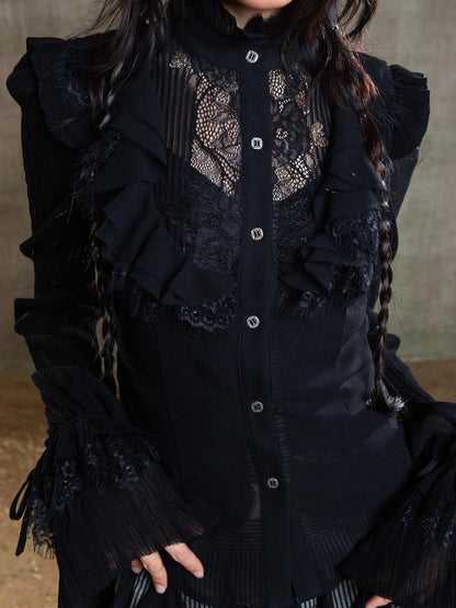 ARIADNAw Ariana Gothic Sheer Chiffon Top With Punk Lace Detailing