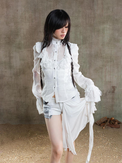 ARIADNAw Ariana Gothic Sheer Chiffon Top With Punk Lace Detailing