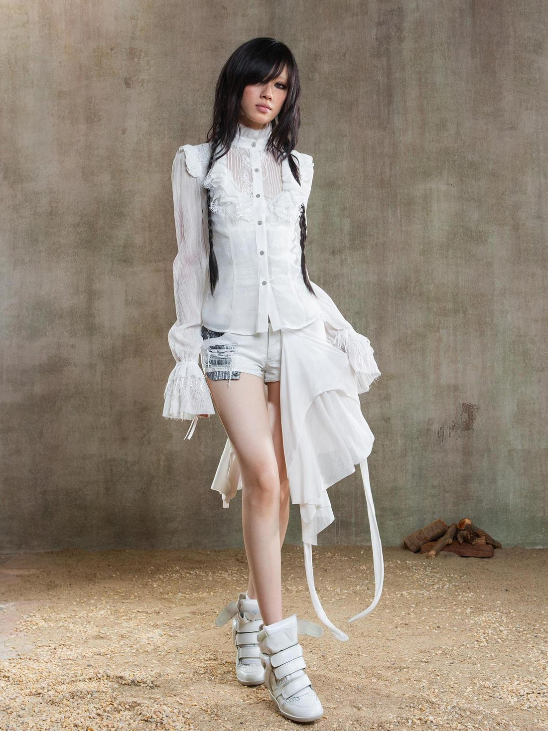 ARIADNAw Ariana Gothic Sheer Chiffon Top With Punk Lace Detailing