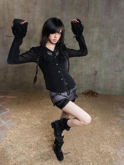 ARIADNAw Ariana Gothic Sheer Chiffon Top With Punk Lace Detailing