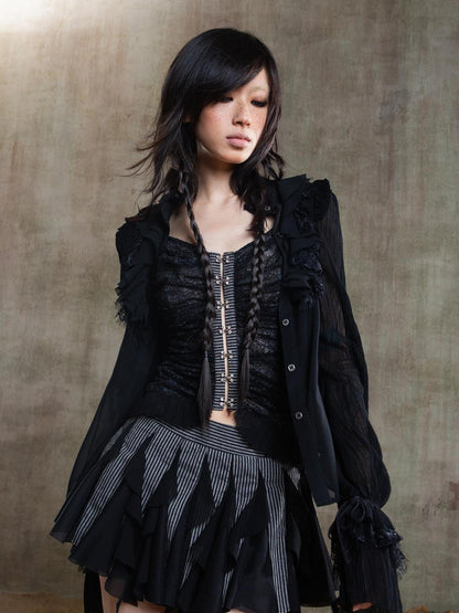 ARIADNAw Ariana Gothic Sheer Chiffon Top With Punk Lace Detailing