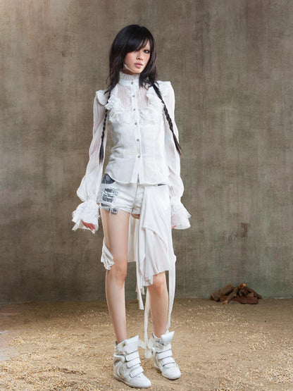 ARIADNAw Ariana Gothic Sheer Chiffon Top With Punk Lace Detailing