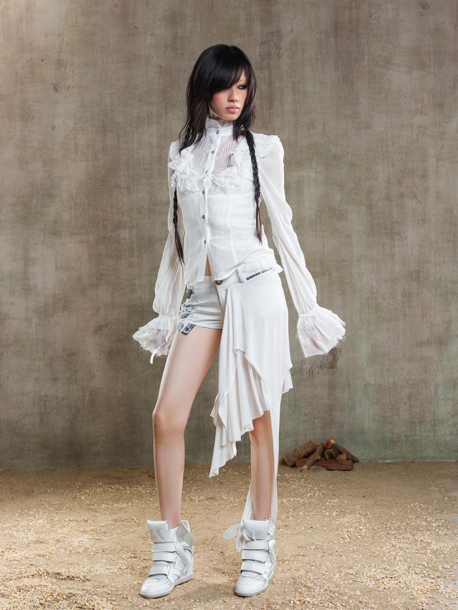 ARIADNAw Ariana Gothic Sheer Chiffon Top With Punk Lace Detailing