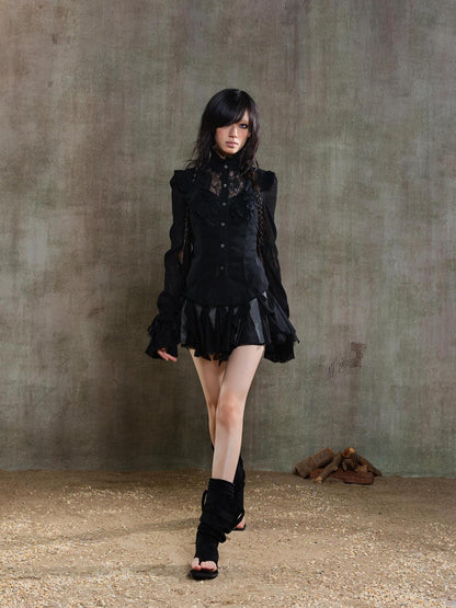 ARIADNAw Ariana Gothic Sheer Chiffon Top With Punk Lace Detailing