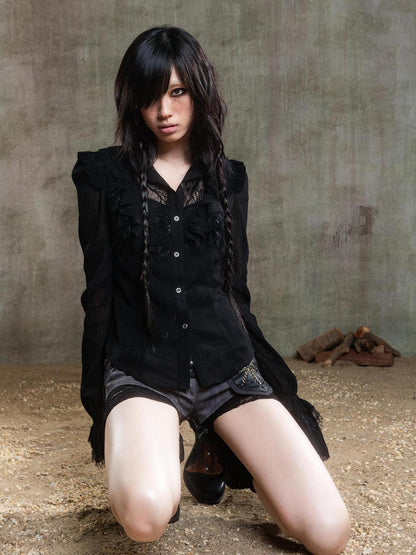 ARIADNAw Ariana Gothic Sheer Chiffon Top With Punk Lace Detailing