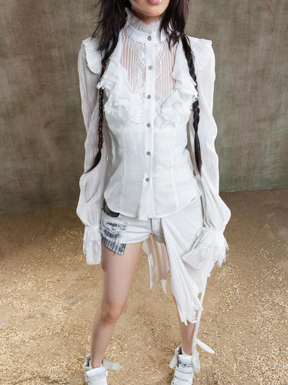 ARIADNAw Ariana Gothic Sheer Chiffon Top With Punk Lace Detailing