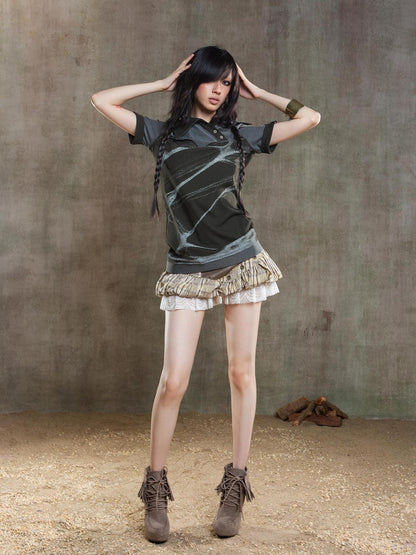 ARIADNAw Ariana Low Rise Contrast Patchwork Plaid Floral Short Skirt