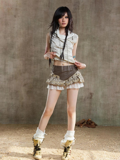 Ariana Low Rise Contrast Patchwork Plaid Floral Short Skirt