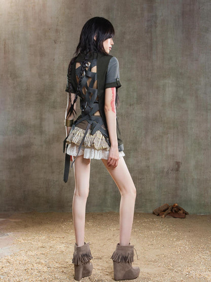 ARIADNAw Ariana Low Rise Contrast Patchwork Plaid Floral Short Skirt