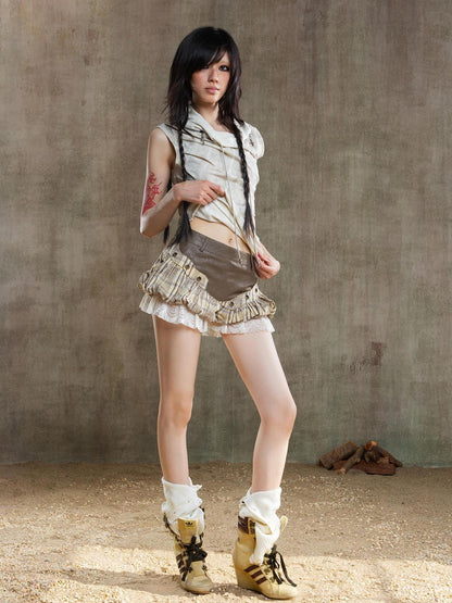 ARIADNAw Ariana Low Rise Contrast Patchwork Plaid Floral Short Skirt