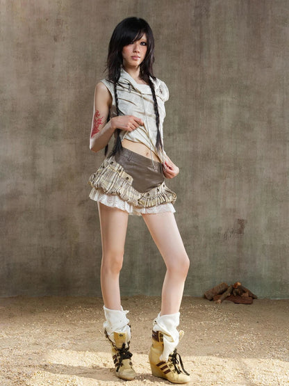 Ariana Low Rise Contrast Patchwork Plaid Floral Short Skirt