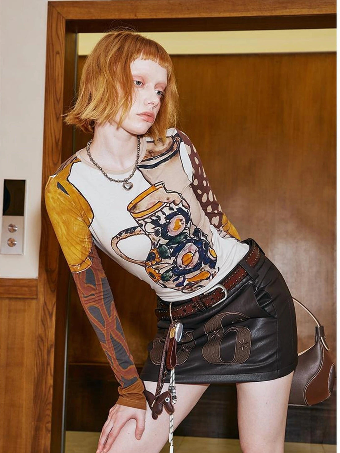 Art Vase Digital Print Slim Long Sleeve Top
