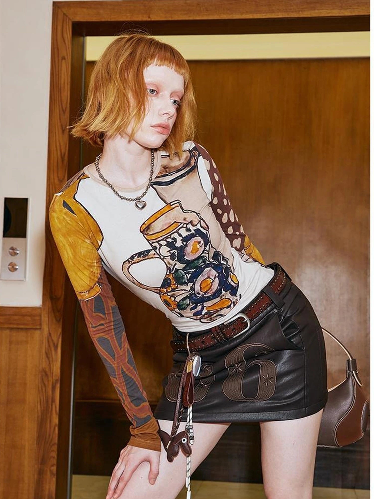 Art Vase Digital Print Slim Long Sleeve Top