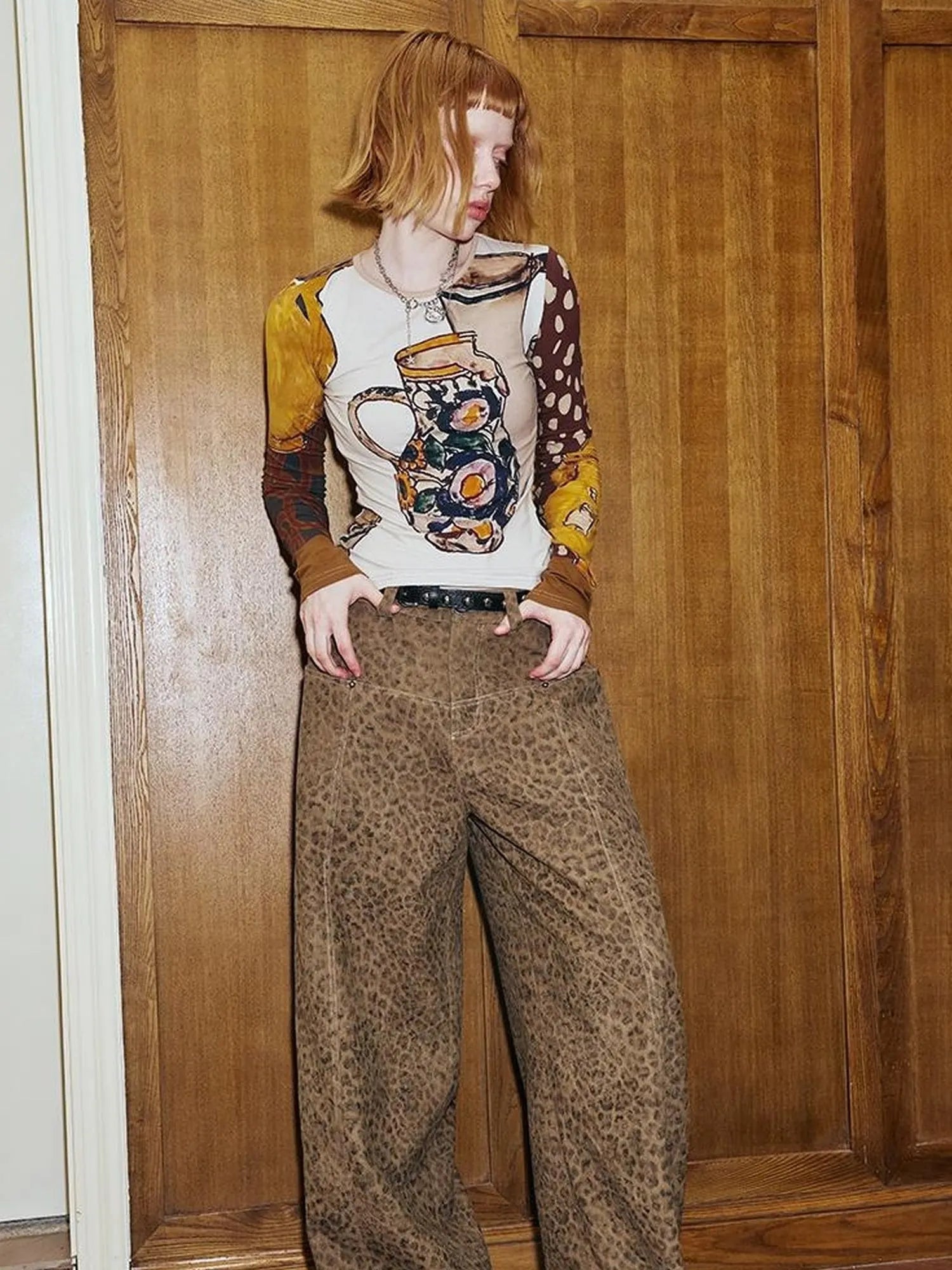 Art Vase Digital Print Slim Long Sleeve Top