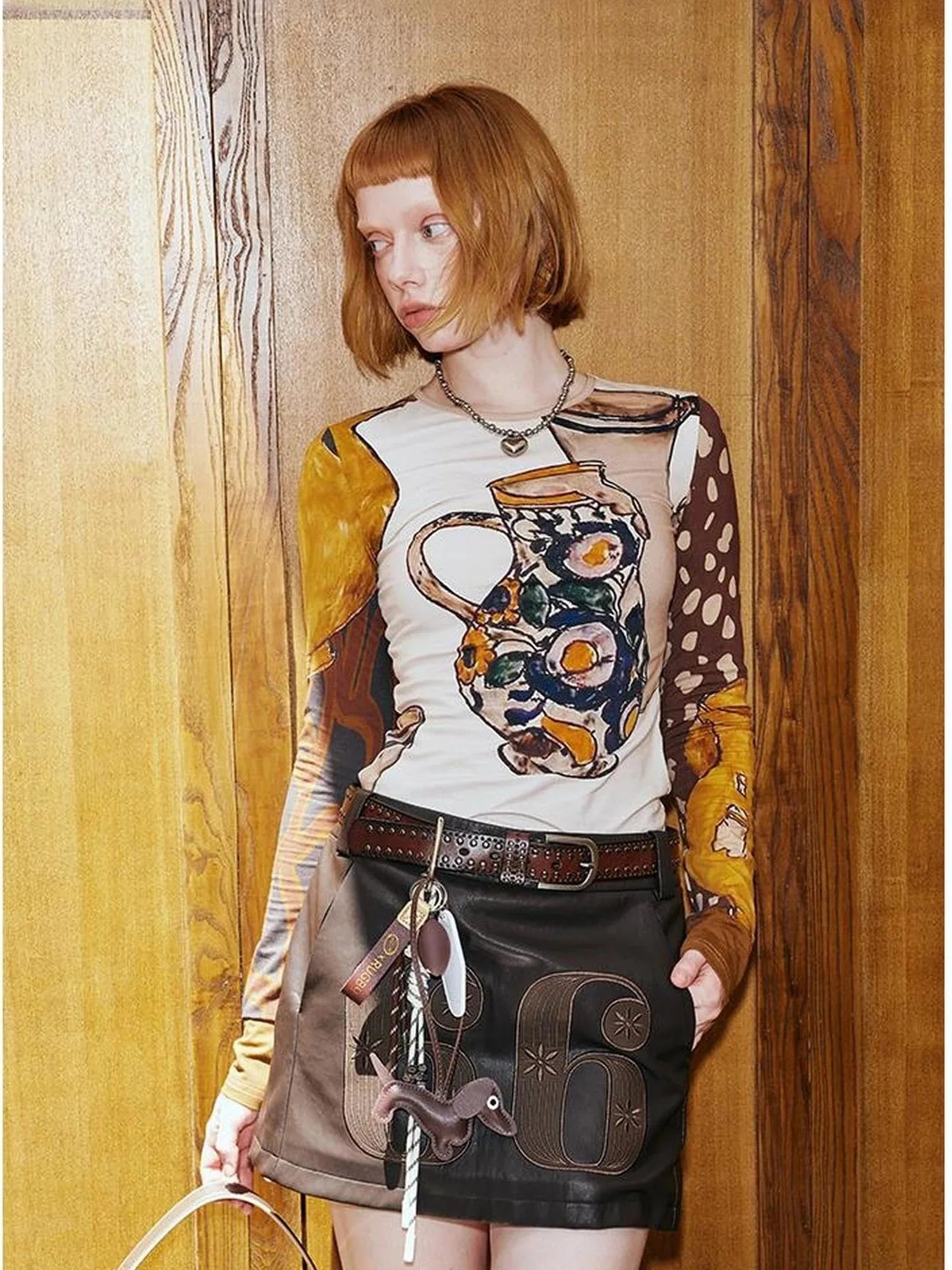 Art Vase Digital Print Slim Long Sleeve Top