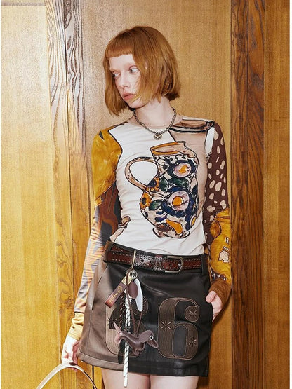Art Vase Digital Print Slim Long Sleeve Top