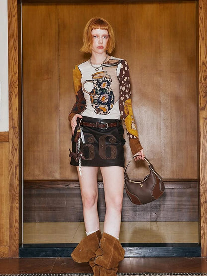 Art Vase Digital Print Slim Long Sleeve Top
